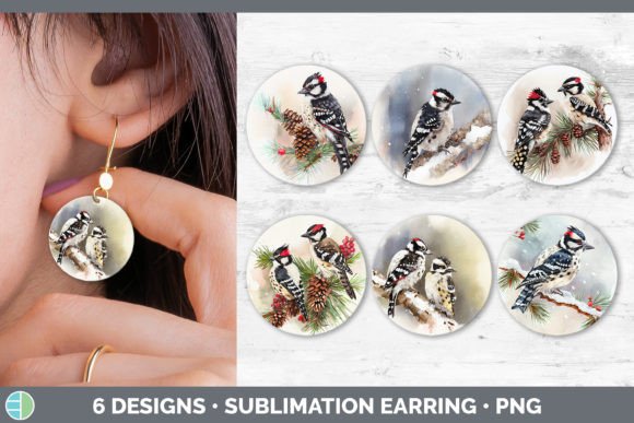 Christmas Downy Woodpecker Round Earring: Festive Illustrations