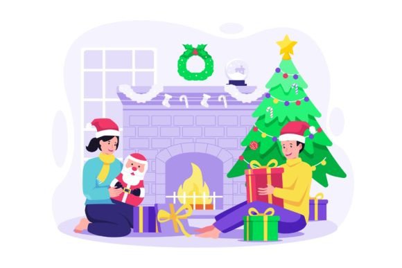 Kids Open Christmas Gifts Illustrations for Branding